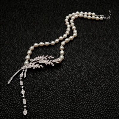 Collar de perlas Keshi blancas cultivadas de agua dulce colgante de pavé de circonitas cúbicas 19" Foto 1 de 4