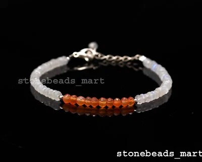 925 Sterling Silver Red Carnelian+Rainbow Moonstone 3-4mm Rondelle Bracelet 7" - Image 1 of 4