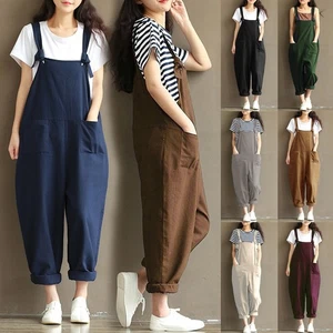 Womens Jumpsuit Overalls Dungarees Summer Ladies Romper Strappy - Picture 1 of 21