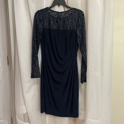 Vestido American Living para mujer talla 8 azul marino manga larga encaje plisado detalle elástico Foto 1 de 4