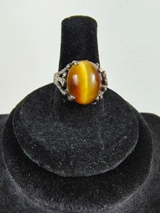 Vtg 925 Tiger's Eye Ring Sz 5.5 Dragon Claw Sterling Silver Tested Cabochon - Picture 1 of 8