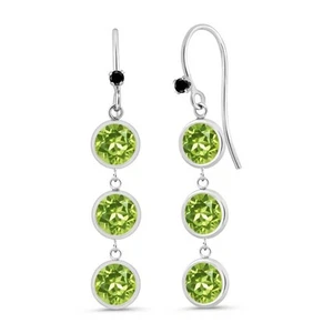 925 Sterling Silver Peridot and Black Diamond 3 Stone Earrings For Women (3.63 - Picture 1 of 1