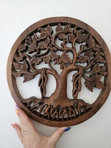 Handmade Carved Wooden Decorative Wall Art Tree Panel round - Picture 1 of 8