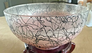Vintage MCM Atomic Hazel Atlas Spaghetti String Drizzle 10" PINK BLACK Bowl - Picture 1 of 3