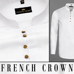 White Men's Shirt 100% Premium Cotton Regular Fit Lightweight Mandarin Collar