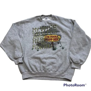Vtg Fishing Funny Wife Joke Sweater Gray Large Wife Or Fishing Novelty - Picture 1 of 3