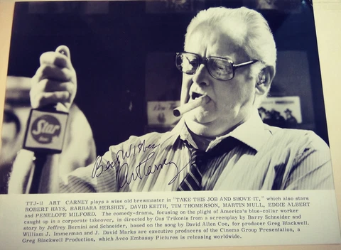 Art Carney 8 X 10 black and white autograph photo, "Take this Job and Shove it" Cover