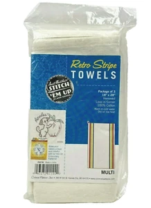 Aunt Marthas Stitch Em Up Retro Stripe Multi Kitchen Dish Tea Towels Set of 3 - Picture 1 of 6