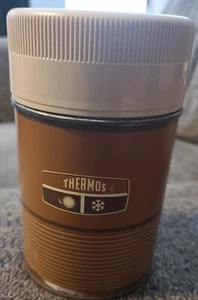 Vintage King-Seeley Metal Thermos 10 oz  Wide Mouth Tan & Brown Striped  - Picture 1 of 6