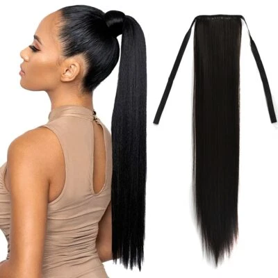 Clip de cola de caballo con cordón recto largo negro 24 pulgadas pelo sintético Foto 1 de 4