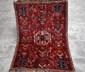 1930s Antique Caucasian Pictorial Rug 3x4 Red Geometric Persian Small Wool Rug - Picture 1 of 11