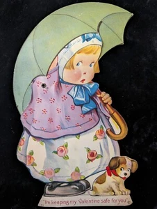 Antique Valentine 1920s Mechanical Stands Up Girl Umbrella Dog Stecher Litho. Co - Picture 1 of 9