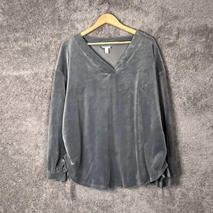 Isabel Maternity Shirt Womens Large Grey Velour Long Sleeve V-Neck Side Ruch - Picture 1 of 9