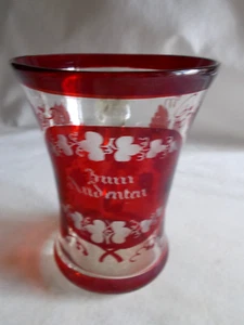 VINTAGE BOHEMIAN CUT TO CLEAR RUBY RED GLASS SOUVENIR MUG - Picture 1 of 6