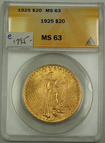 1925 $20 St. Gaudens Double Eagle Gold Coin ANACS MS-63 (A) Cover