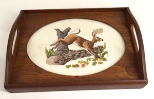 Vtg Wooden Serving Tray Needlepoint Cross Stitch w/ Handles Deer Cabin Outdoors - Picture 1 of 6