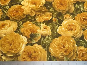 Kona Bay Gold Large Roses On Green Background Cotton Fabric - Picture 1 of 2