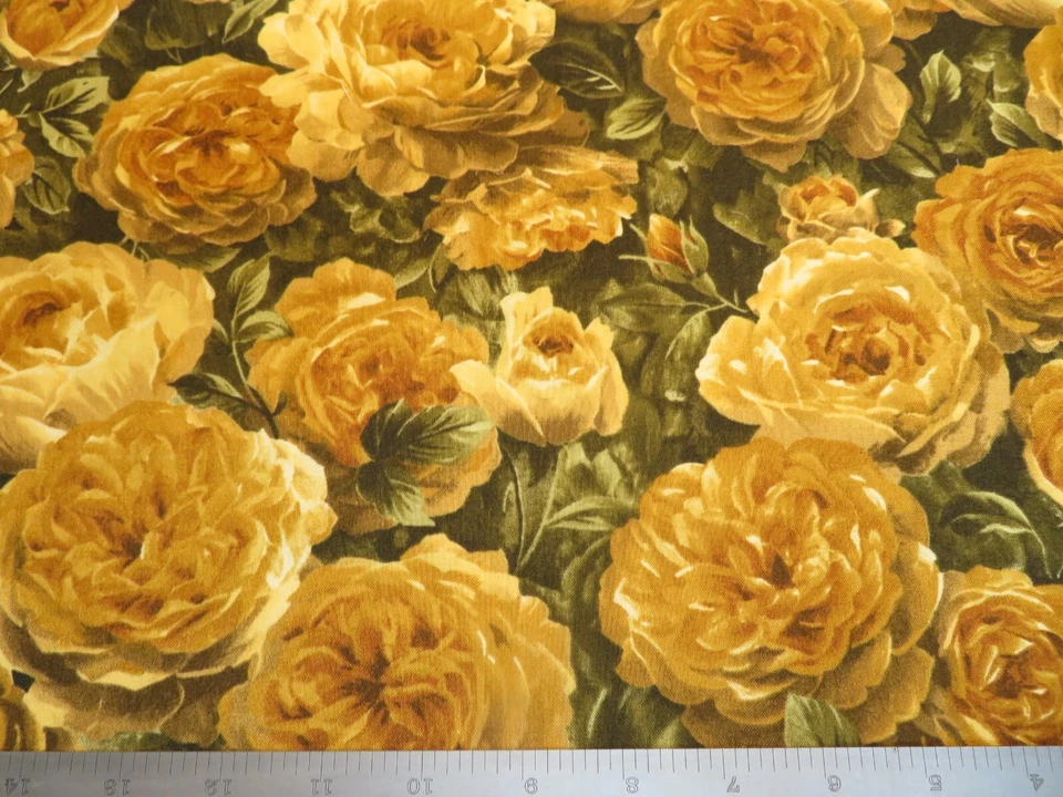 Kona Bay Gold Large Roses On Green Background Cotton Fabric - Image 1 of 2