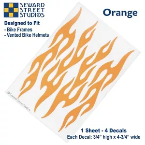 Set of 4 Orange Flame Bike Decals, Retro Fire Bicycle Helmet Stickers Kit #876 - Picture 1 of 3
