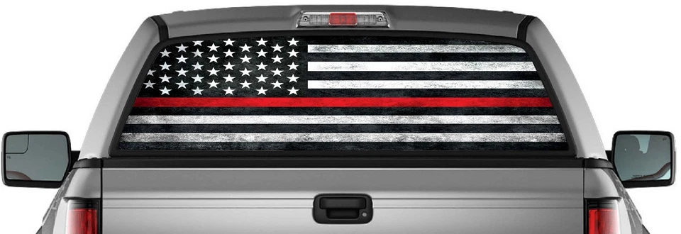 Calcomanía de vinilo perforada bandera americana línea delgada roja camión ventana trasera pegatina EE. UU. Foto 1 de 2