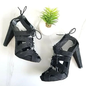 Loeffler Randall Peep Toe Lace Up Sandals Black Snake Print Heels Womens Sz 7.5 - Picture 1 of 12