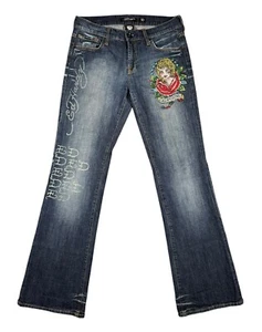 Ed Hardy Bedazzled Tattoo Jeans Womens Sz 30 Dark Wash Embroidered Y2K Bootcut - Picture 1 of 13