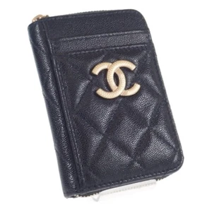 CHANEL Zip Card Coin Case Coin Purse Card Case Shiny Grained Calfskin Black TGIS - Picture 1 of 9