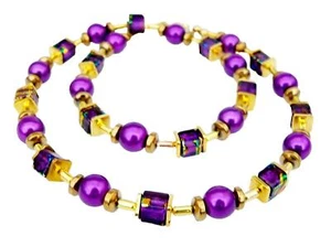 Halskette Würfelkette Cube Glas marmoriert lila türkis gold Perle violett 495d - Bild 1 von 11