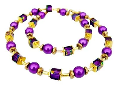 Halskette Würfelkette Cube Glas marmoriert lila türkis gold Perle violett 495d - Bild 1 von 4