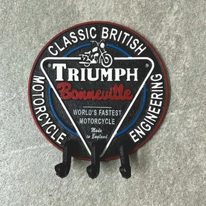 Triumph Motorcycle Sign 3 Coat Hooks Cast Iron Repro Man Cave 17cm - Picture 1 of 3