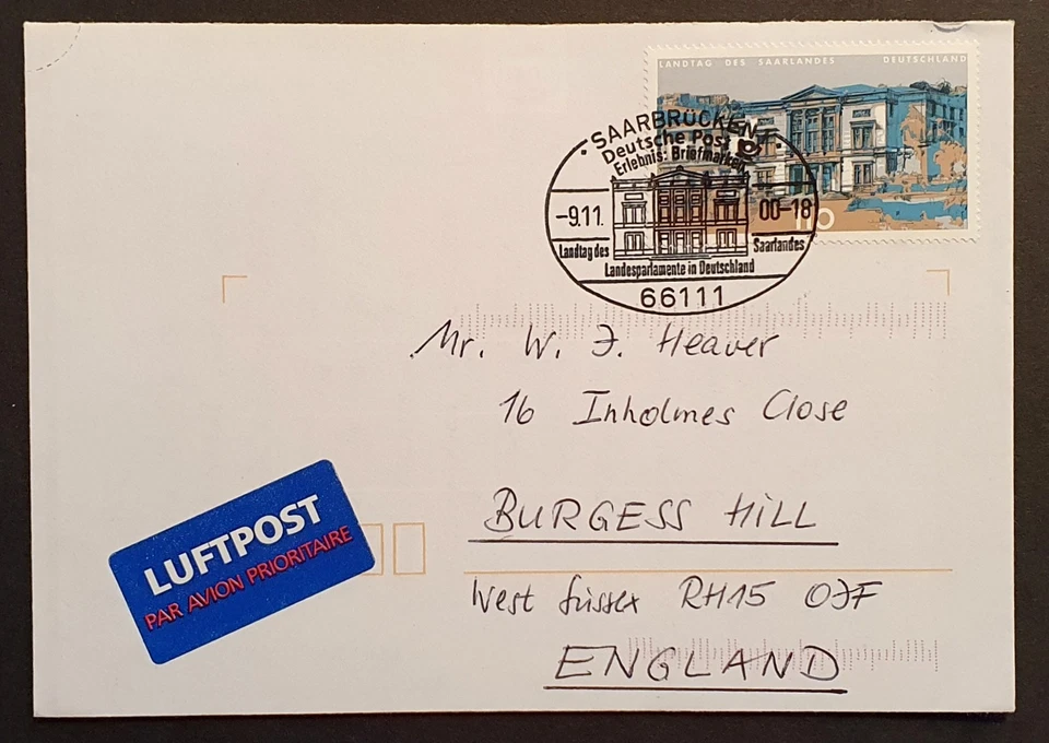 Germany stamps 2000 Saar State Parliament Building airmail first day cover - Image 1 of 1