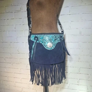 Handmade Leather  Crossbody  Purse Blue  And Turquoise With Fringe - Picture 1 of 7