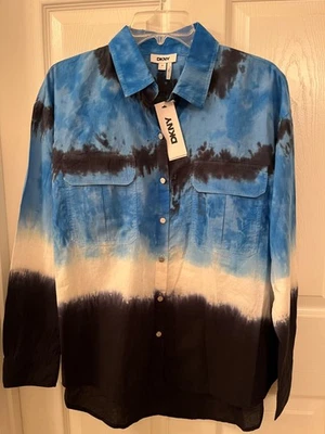 DKNY Women's Long Sleeve Tie Dye Button Front Shirt  Collared Flap Pockets SZ- M - Image 1 of 4