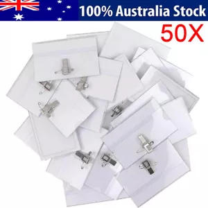 50pk Badge Holders Plastic Clear Pouch Blank Name ID Tag Holder Clip Safety Pin - Picture 1 of 10