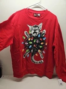Mad Engine Red Cat Christmas Lights Sweatshirt Holiday Size LG Funny (46)(M) - Picture 1 of 5