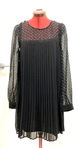 Ladakh Black Pleated Dress With White Hearts Sheer Balloon Sleeves Size 10 - Picture 1 of 7