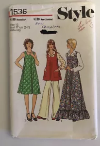 Style 1536 Vintage 70s Sewing Pattern MATERNITY Pinafore Dress Pants Size: 12 - Picture 1 of 8