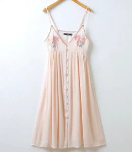 Women Lady Sleeveless Strap Maxi Beach Summer Peach Pink embroidery dress - Bild 1 von 10
