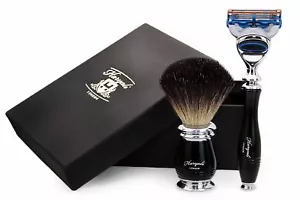 Pure Black Badger Hair Brush & 5 Edge Cartridge Razor Perfect Mens Shaving Set - Bild 1 von 5