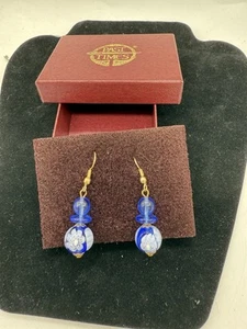 Vintage Past Times Blue Millefiori Glass Earrings -Boho Floral Drop Dangle Beads - Foto 1 di 5