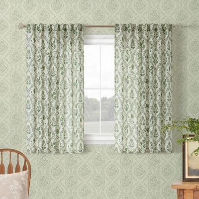 Cortinas cortas de lino floral verde oliva 45 52W x 45L (pack de 2),  Foto 1 de 4