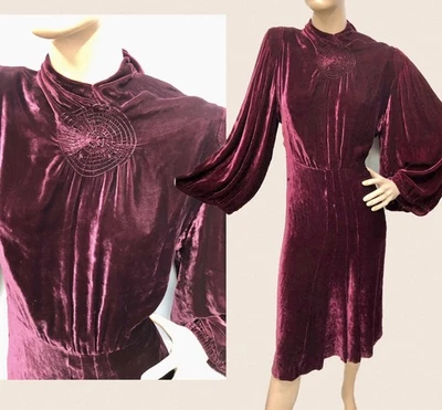VTG 1930s Claret Wine SILK VELVET Deco DRESS *BALLOON SLEEVES SPIDER WEB EMBROID - Image 1 of 4