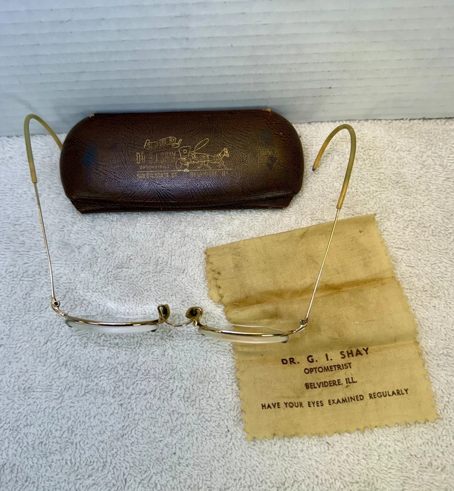 Antique 1/10 12K Gold Filled Rimless Eyeglasses Case & Cloth Wire Cable Temples - Image 1 of 4