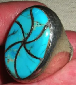 HUGE VINTAGE NAVAJO GREAT TURQUOISE SWIRL STERLING SILVER RING SIZE 9 1/4 vafo - Picture 1 of 7