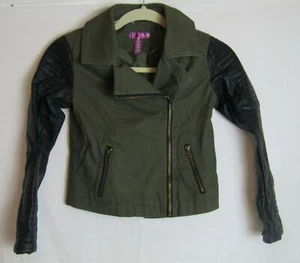 AQUA GIRLS MIXED MEDIA MOTO JACKET ARMY GREEN/BLACK SZ SMALL(6/6x) DH2066 - Picture 1 of 3
