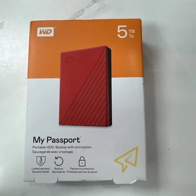 WD Portable Hard Drive, 5TB USB3.0, Red, My Passport Encryption, Password - Image 1 of 3