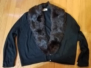 Vintage 50's Black Mink Collar Orlon Acrylic Sweater Cardigan Turbo - Picture 1 of 4