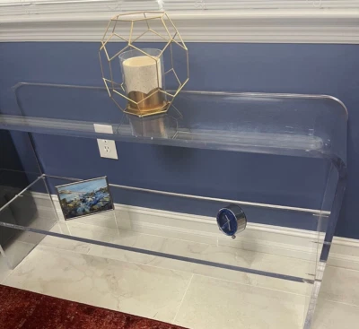 Mesa consola estante 48 en vintage años 70 grueso borde nariz toro cascada Lucite Foto 1 de 4