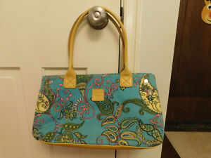 Liz Claiborne Teal Paisley Canvas Shoulder Bag Tote Faux Leather Yellow Trim