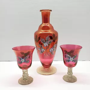 Bohemian Czech Cranberry Hand Painted Floral Crystal Decanter 2 Cordial Glasses - Picture 1 of 14